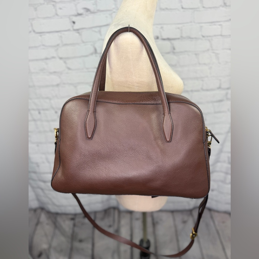 Brown Leather Tote Satchel Bag with Gold Accents - Picture 3 of 6